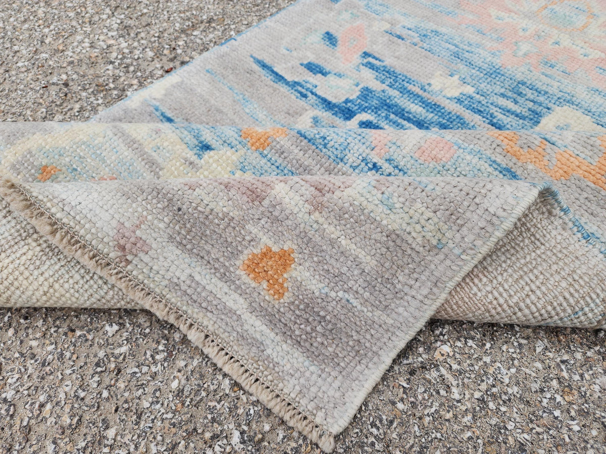 2x4 Small Oushak Rug: Abstract Blue, Up cycled Carpet, Home Wool Decor