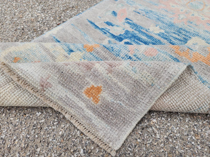 2x4 Small Oushak Rug: Abstract Blue, Up cycled Carpet, Home Wool Decor