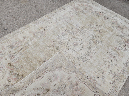 Hand Knotted Wool Oushak Rug 7x10: Beige Rustic Farmhouse Style