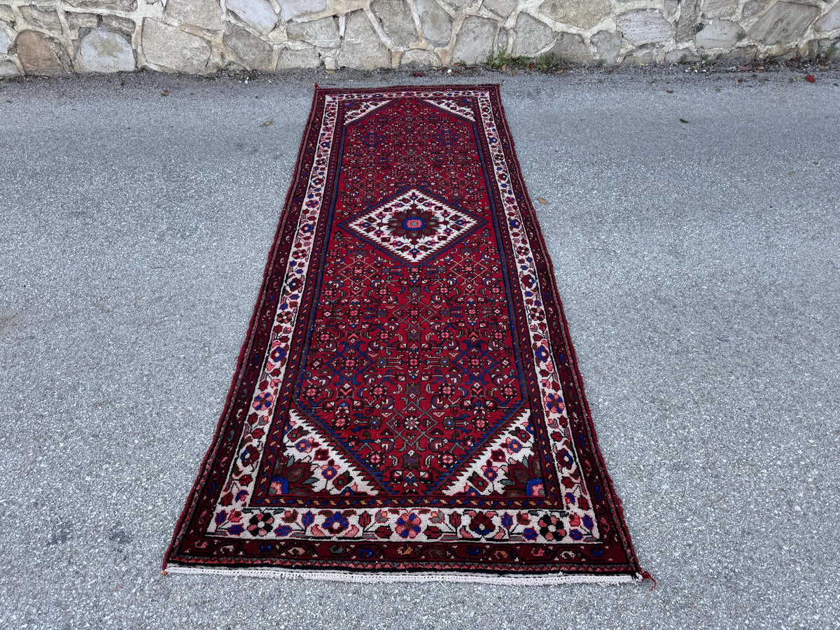 Hand Made Runner Rug 3x10, Red wool, Oriental Rustic Decor
