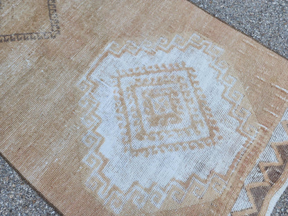 3x12 Brown Turkish Runner Rug: Neutral Geometric Farmhouse Style