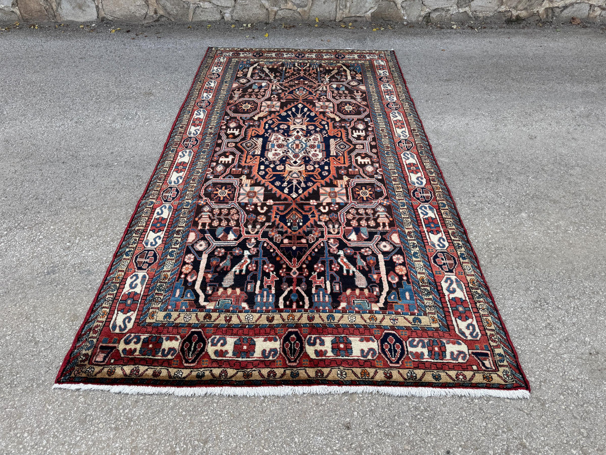 Antique Heriz Rug 5x10: Soft Wool Hand Knotted, Navy and Faded Red