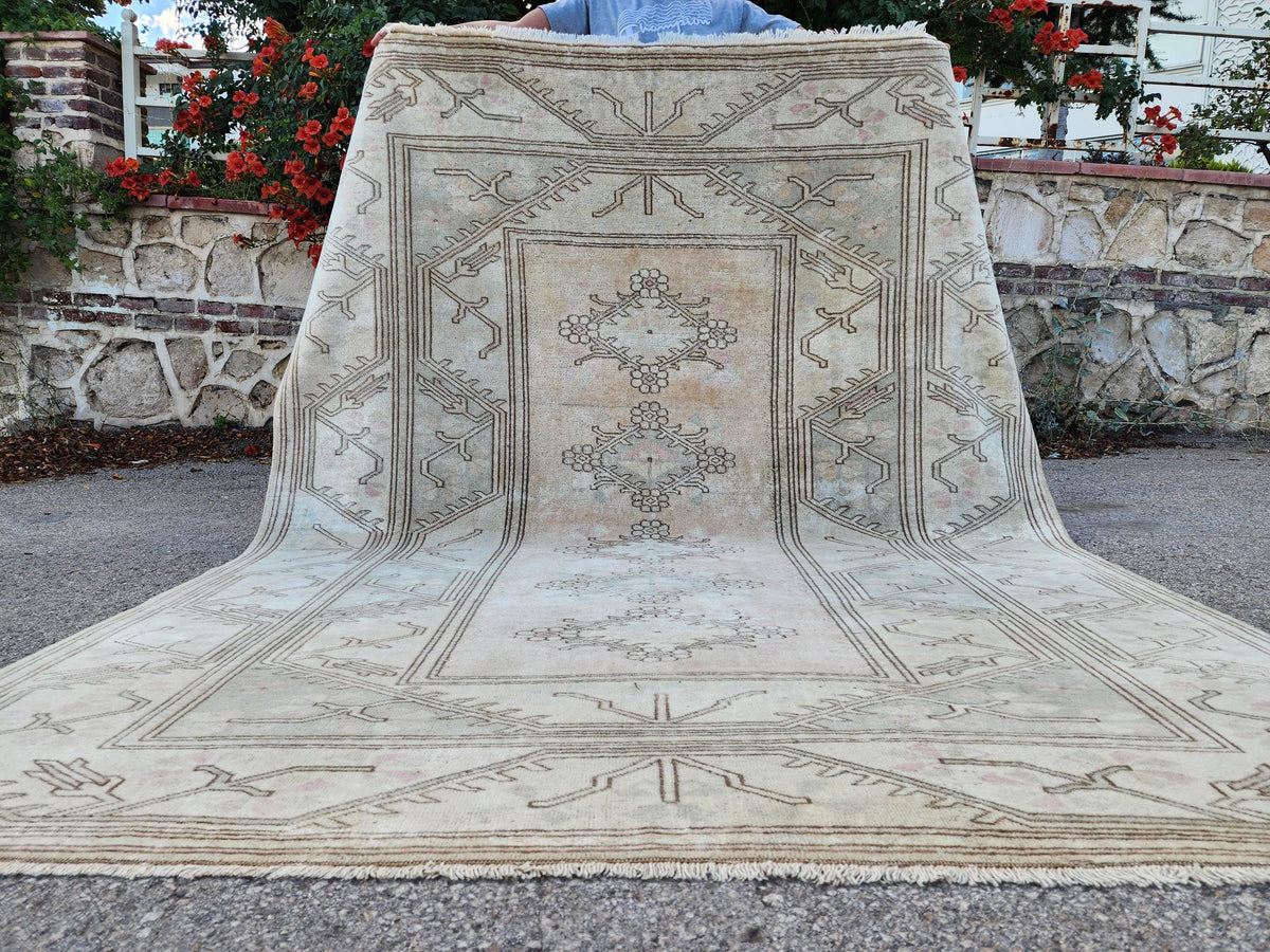 Wool Beige Area Rug 7x9, Turkish Hand Made Carpet, Home Living Room Decor