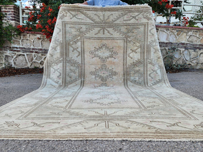 Wool Beige Area Rug 7x9, Turkish Hand Made Carpet, Home Living Room Decor