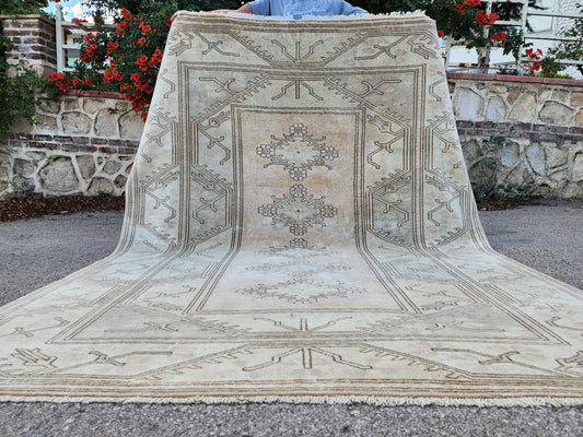 Wool Beige Area Rug 7x9, Turkish Hand Made Carpet, Home Living Room Decor