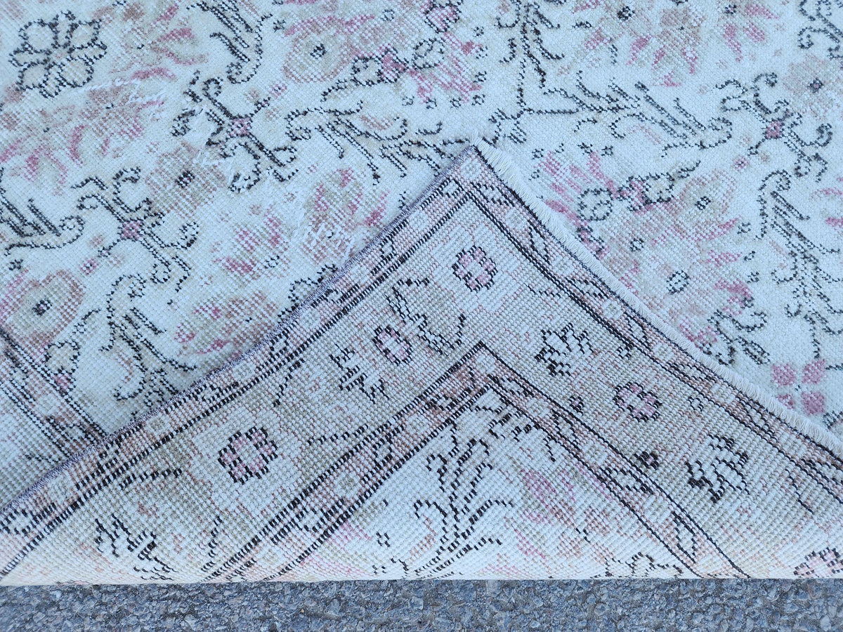Neutral Wool Rug 4x7: Turkish Oushak Hand Knotted, Floral Design