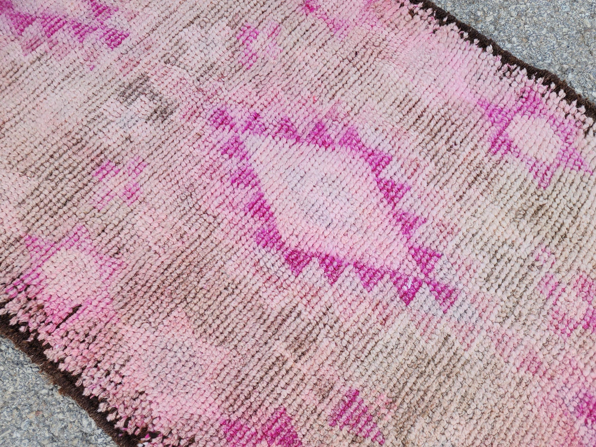 Herki Pink Runner Rug 2.7x10 ft, Turkish Wool Hand Made Carpet, Home Rustic Hallway Decor
