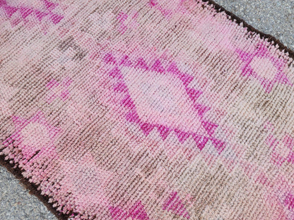 Herki Pink Runner Rug 2.7x10 ft, Turkish Wool Hand Made Carpet, Home Rustic Hallway Decor
