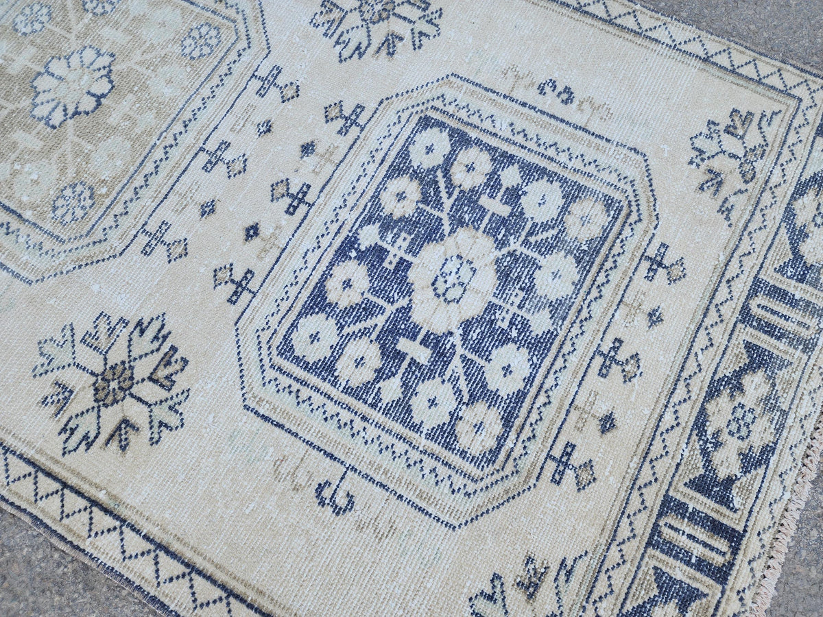Neutral Geometric Runner Rug 3x10, Turkish Hand Made Rustic Home Decor, Beige and Blue Wool