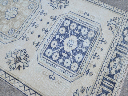 Neutral Geometric Runner Rug 3x10, Turkish Hand Made Rustic Home Decor, Beige and Blue Wool