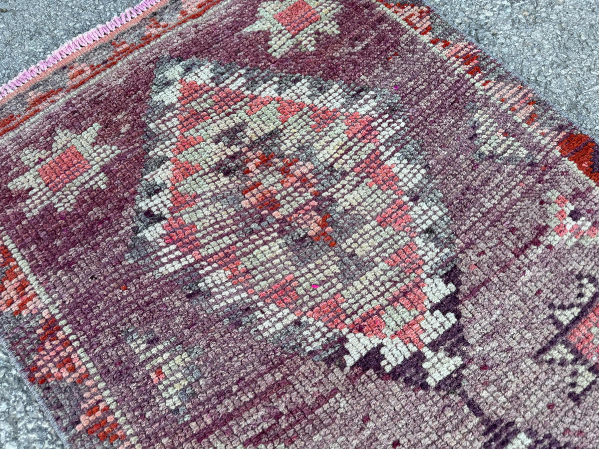 2x8 Tribal Medallion Runner: Handwoven Turkish Wool Purple and Red with Geometric Motifs