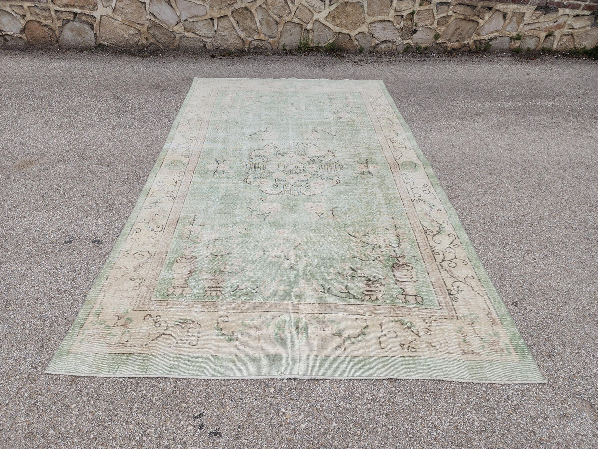 Green Turkish Oushak Rug 6x11: Handwoven Wool Isparta Carpet