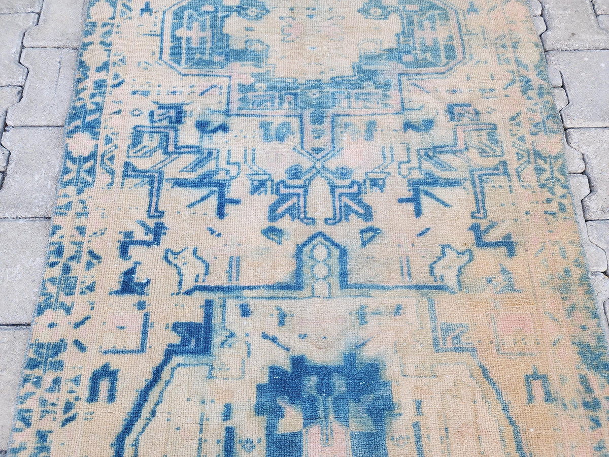 3x10 Blue Wool Turkish Runner Rug: Neutral Bohemian Hallway Decor