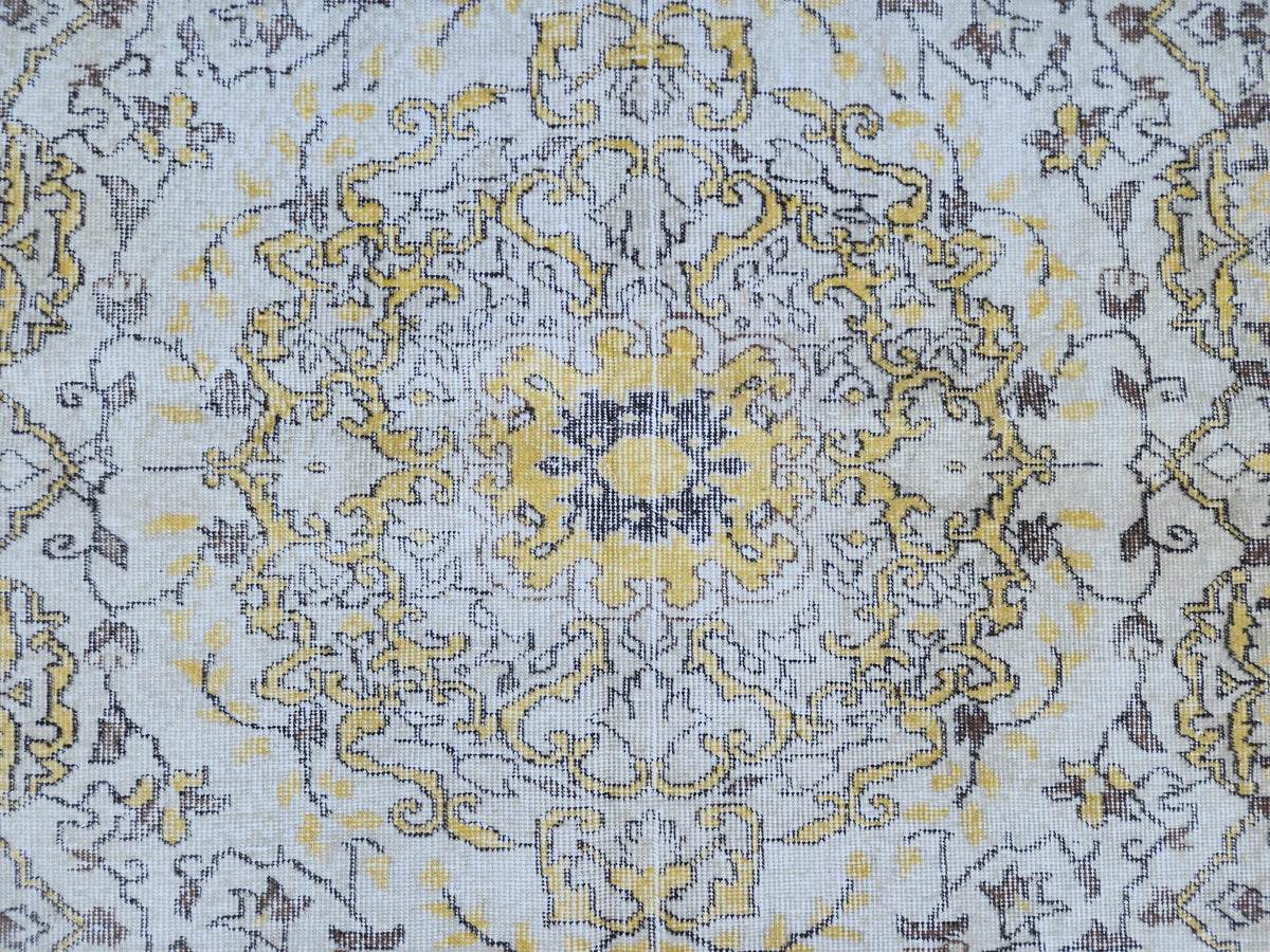 7x9 Handwoven Turkish Oushak Rug: Vintage Wool Rug, Beige and Yellow Neutral Palette