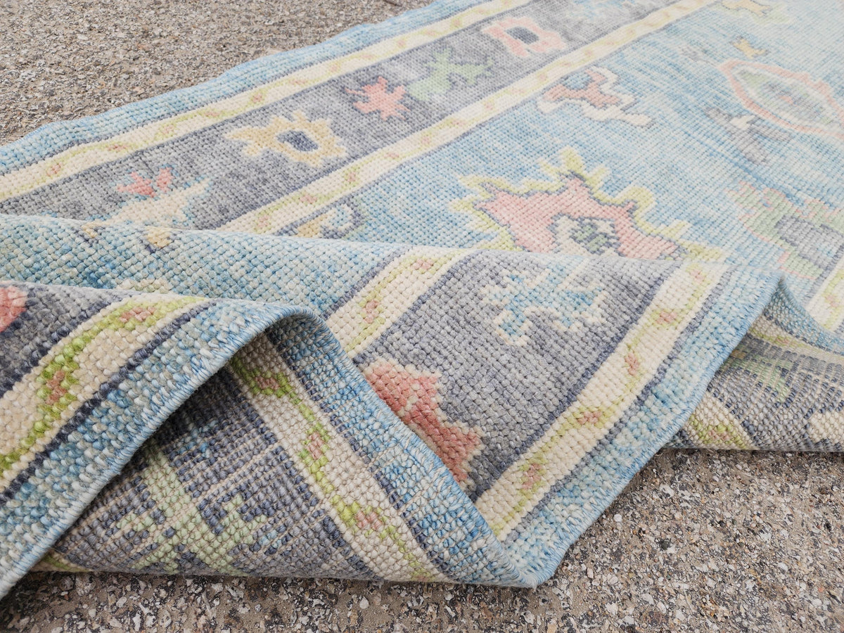 3x10 Handwoven Oushak Wool Runner Rug: Pastel Blue Floral Hallway Rug, Home Rustic Decor