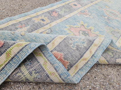 3x10 Handwoven Oushak Wool Runner Rug: Pastel Blue Floral Hallway Rug, Home Rustic Decor