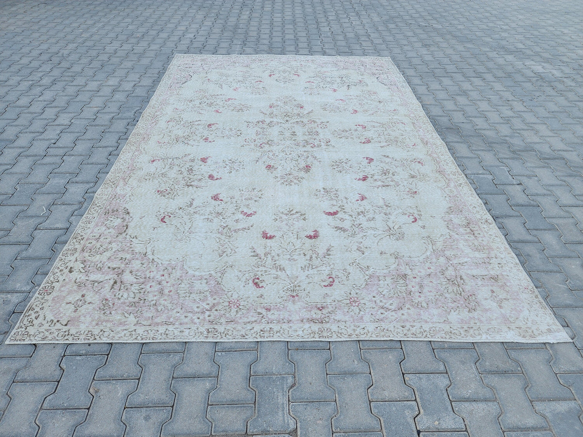 7x10 Oushak Rug: Beige Traditional Patterned Wool Carpet
