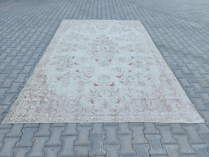 7x10 Oushak Rug: Beige Traditional Patterned Wool Carpet