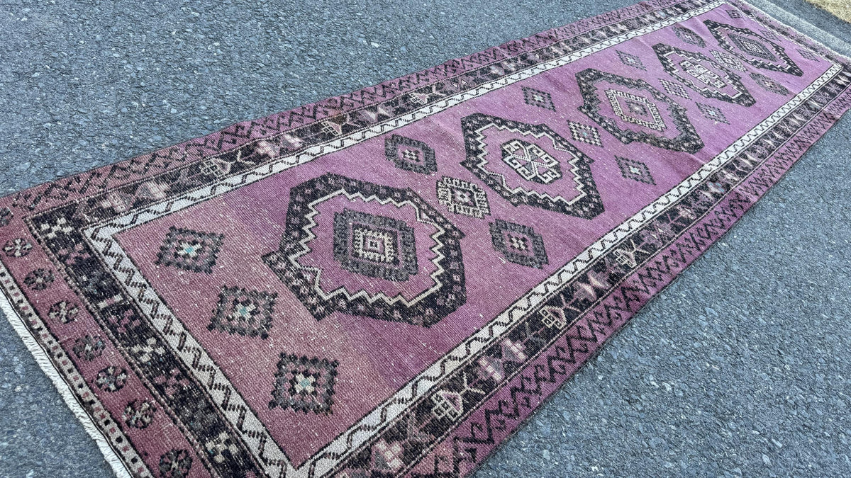 3x12 Purple Wool Runner Rug, Hand Made Rustic Decor, Kitchen Decor