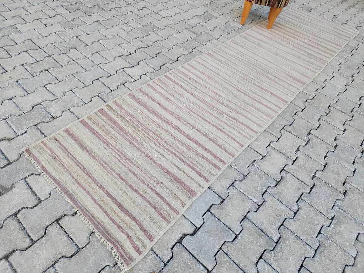 Soft Neutral Turkish Kilim Runner Rug: 2.7x11 Handwoven Wool