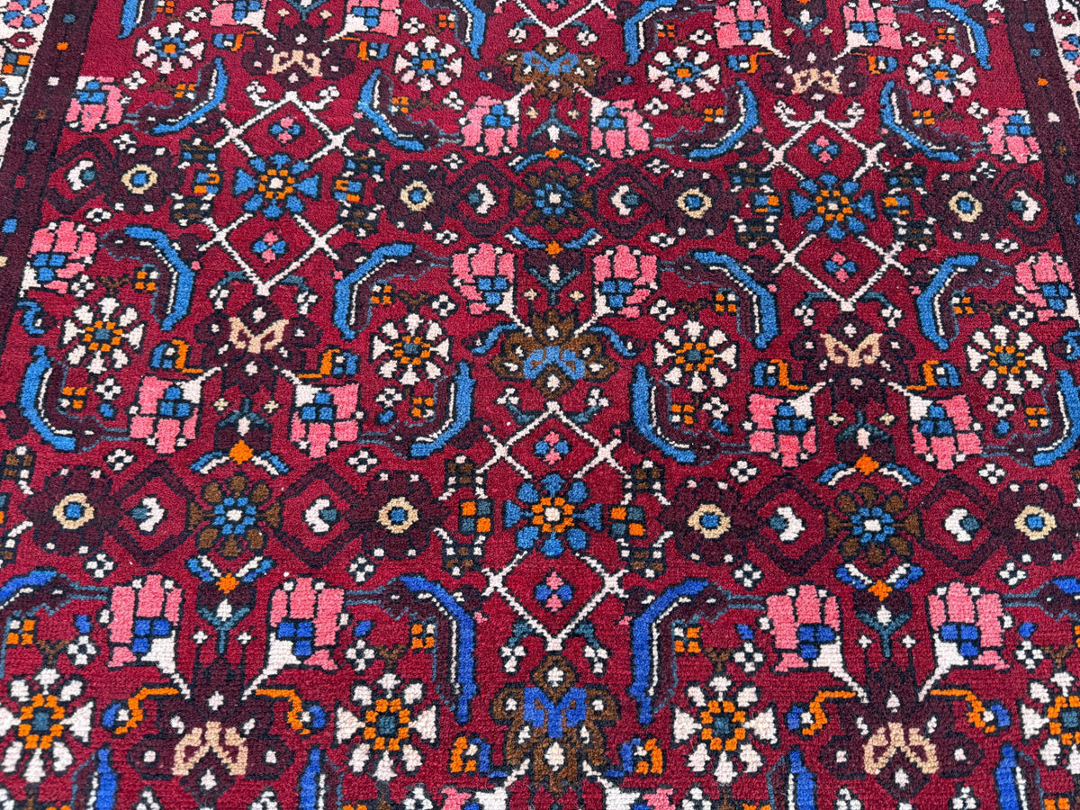 4x9 Oriental Runner Rug: Handwoven Red Wool Hallway with Vintage Floral & Geometric Pattern