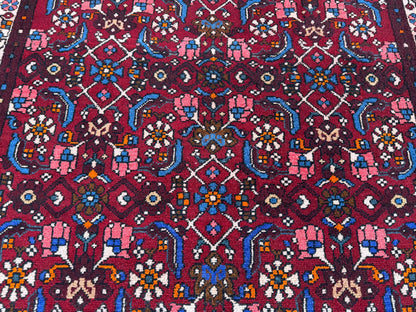 4x9 Oriental Runner Rug: Handwoven Red Wool Hallway with Vintage Floral & Geometric Pattern
