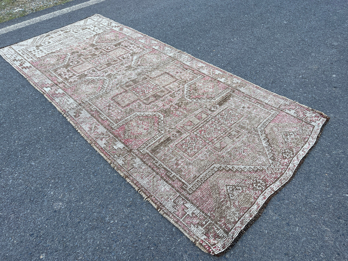 Handwoven Wool Turkish Rug 4x10: Neutral Bohemian Entry Rug
