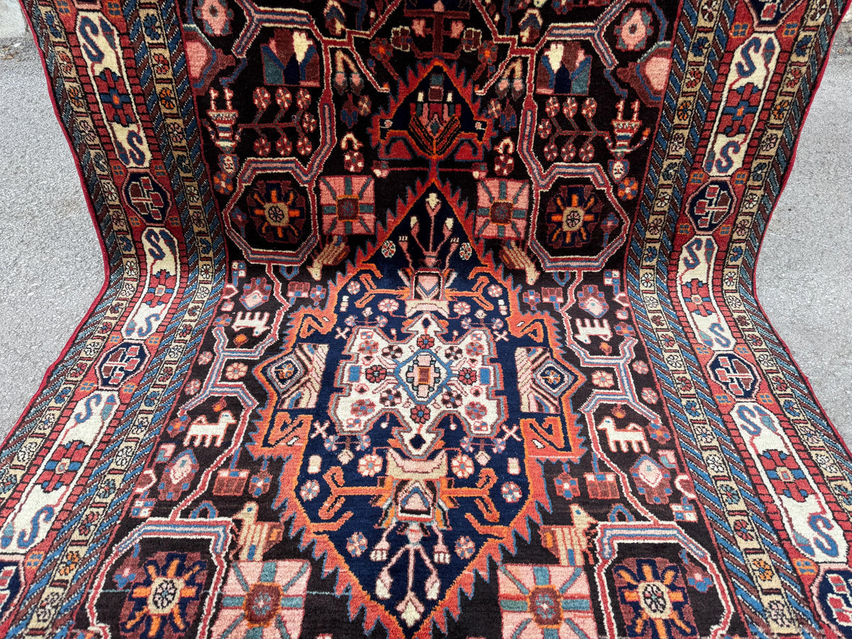 Antique Heriz Rug 5x10: Soft Wool Hand Knotted, Navy and Faded Red