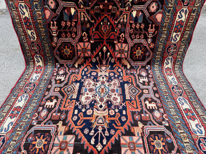 Antique Heriz Rug 5x10: Soft Wool Hand Knotted, Navy and Faded Red