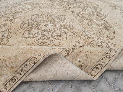 9x12 Vintage Turkish Oushak Rug: Hand Knotted Wool, Gray Cream