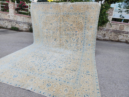 Neutral Blue Wool Area Rug 9x14: Rustic Farmhouse Bohemian Style