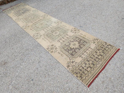 Hallway Runner Rug 2x11 Turkish Hand Made Brown Wool Carpet, Kitchen Area Decor