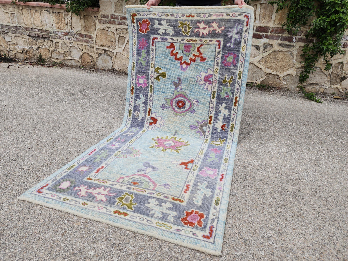 Handwoven 3x6 Oushak Wool Rug: Soft Blue Floral Medallion, Rustic Home Decor