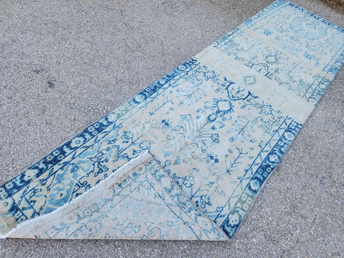 3x10 Boho Rug, Handmade Wool Persian Runner, Blue Floral Boho Hallway Decor
