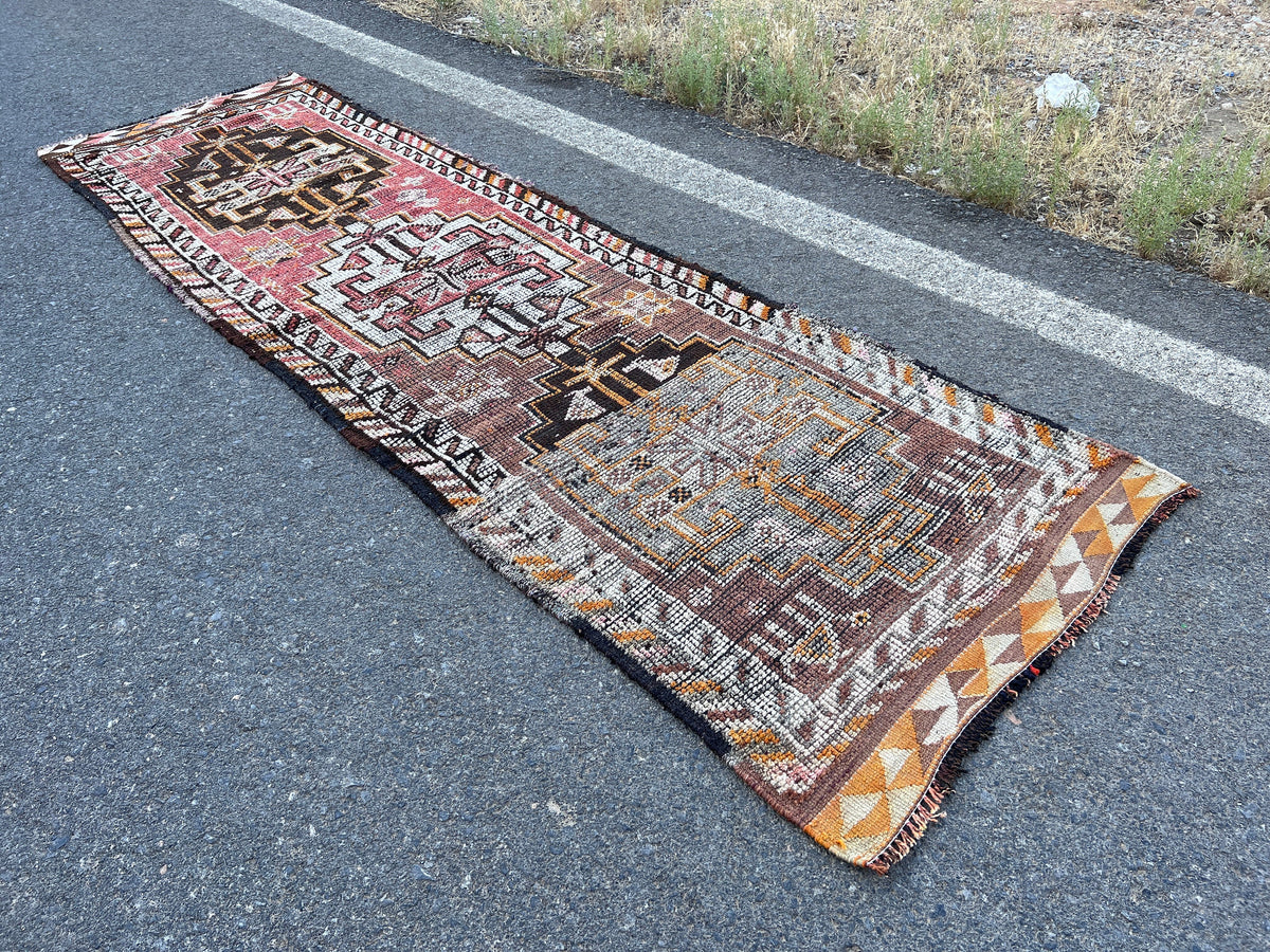 Handwoven Wool Runner Rug: 3x10 Vintage Turkish Herki Rug
