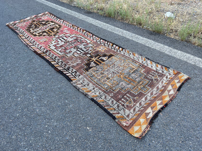 Handwoven Wool Runner Rug: 3x10 Vintage Turkish Herki Rug