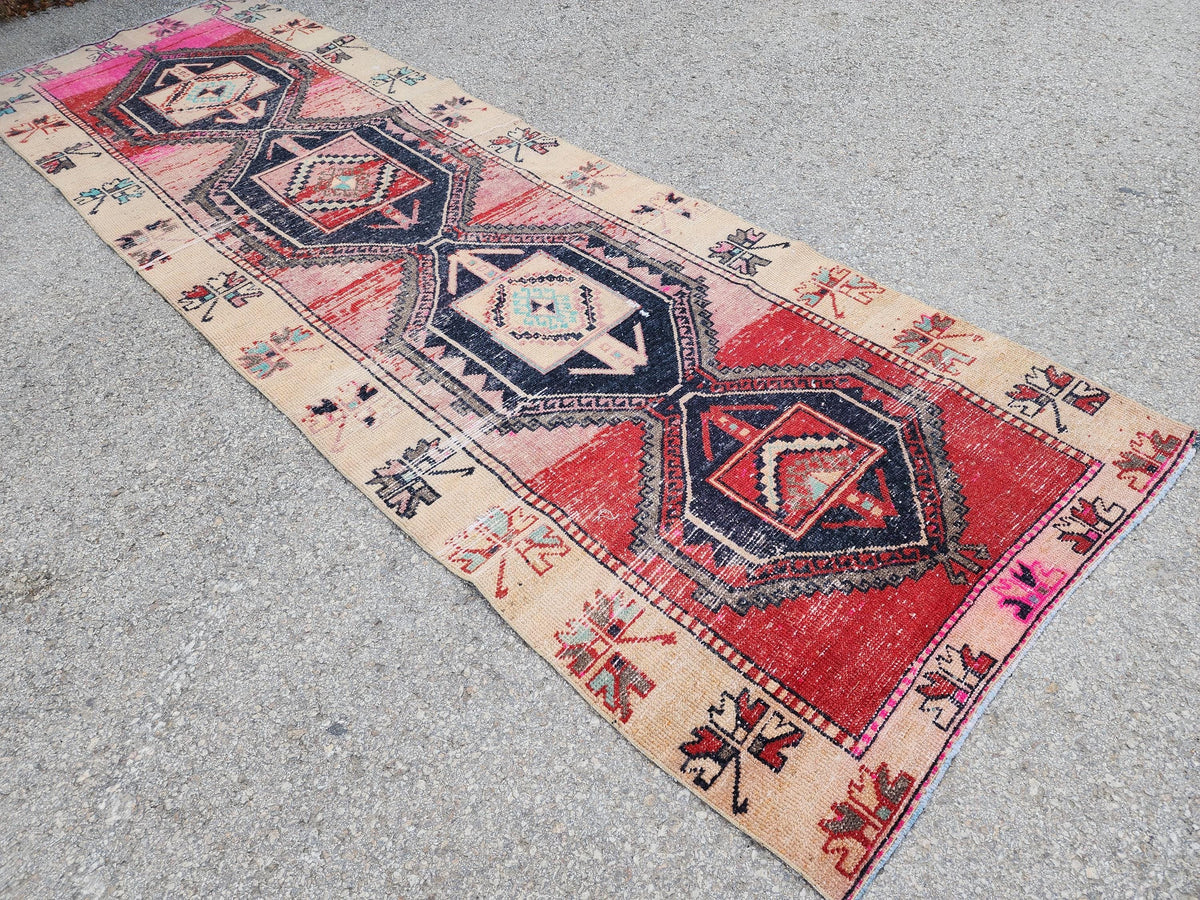 Turkish Runner Rug 3x11, Brown and Pink Color Hallway Carpet, Home Rustic Decor