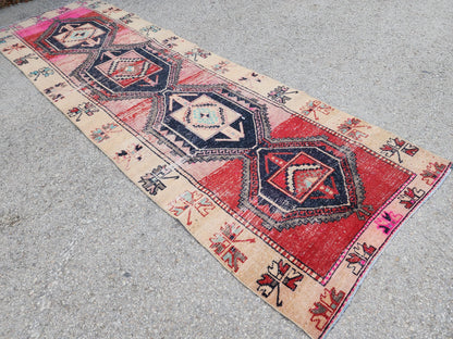 Turkish Runner Rug 3x11, Brown and Pink Color Hallway Carpet, Home Rustic Decor