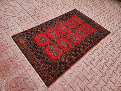 Hand Knotted Wool Turkish Rug 3x5: Red Bohemian Oushak Rug