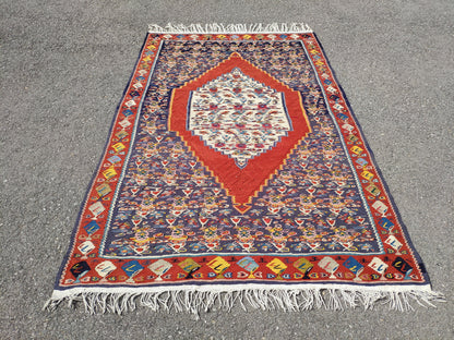 Antique Kilim Rug 4x6: Navy Blue Medallion, Oriental Style