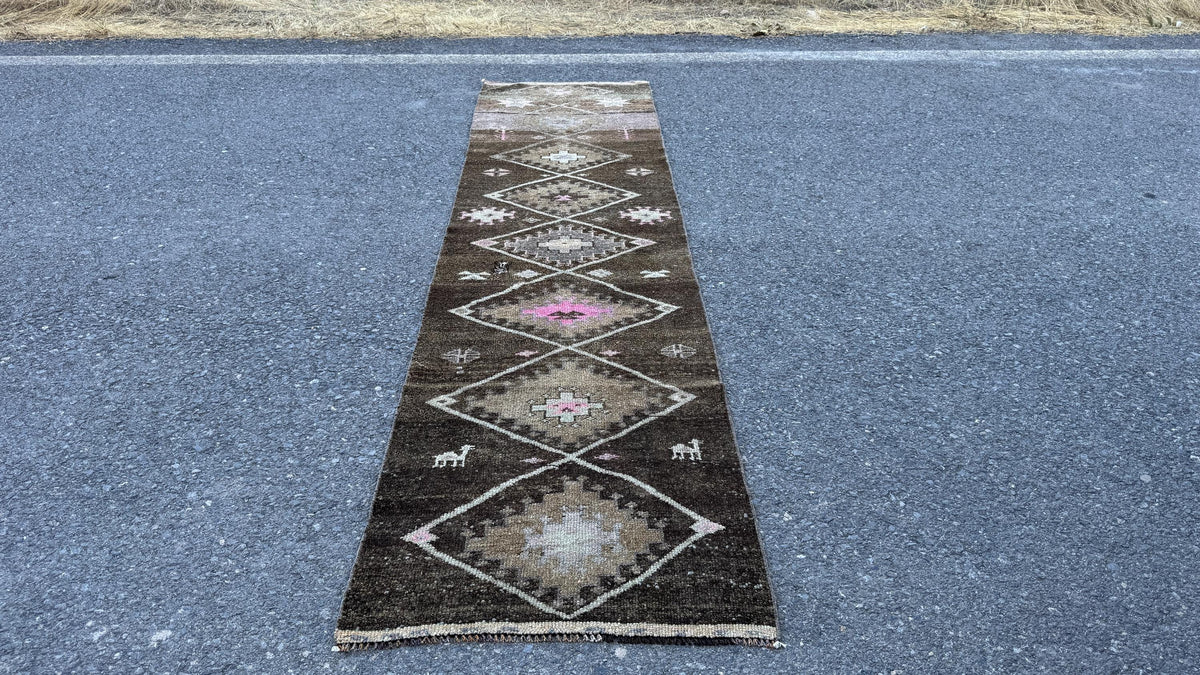 2x11 Wool Runner Rug, Hand Knotted Rustic Decor, Oriental Up Cycled Wool