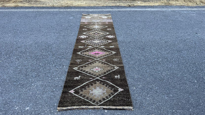 2x11 Wool Runner Rug, Hand Knotted Rustic Decor, Oriental Up Cycled Wool