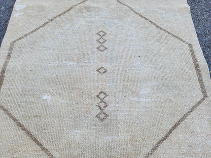 Geometric Neutral Rug 3x14, Beige Wool Hand Woven Rustic Decor, Gift for Her