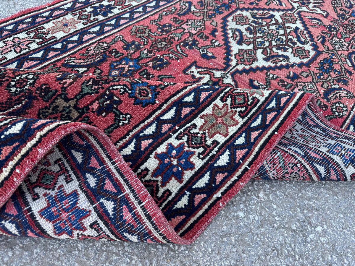 Vintage Wool Runner Rug 3x11: Oriental Hand Knotted, Navy and Faded Red