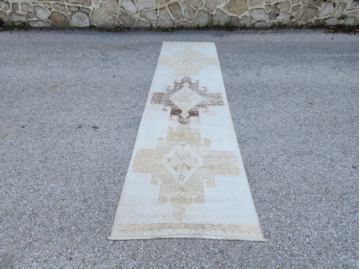 Neutral Turkish Runner Rug 3x12: Handcrafted Oushak Rug