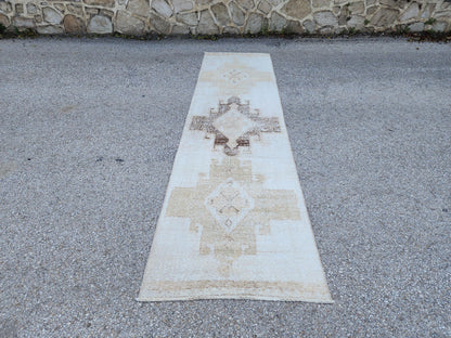 Neutral Turkish Runner Rug 3x12: Handcrafted Oushak Rug