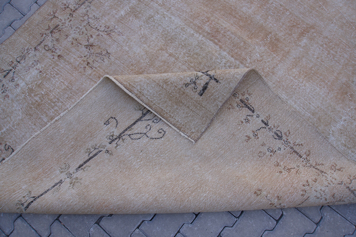 7x9 Handwoven Turkish Oushak Rug: Tan Bohemian Wool & Cotton