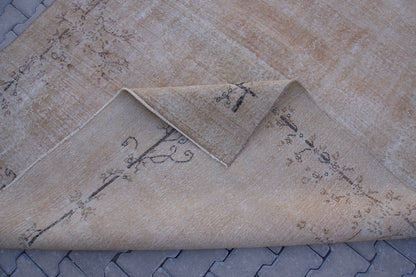 7x9 Handwoven Turkish Oushak Rug: Tan Bohemian Wool & Cotton