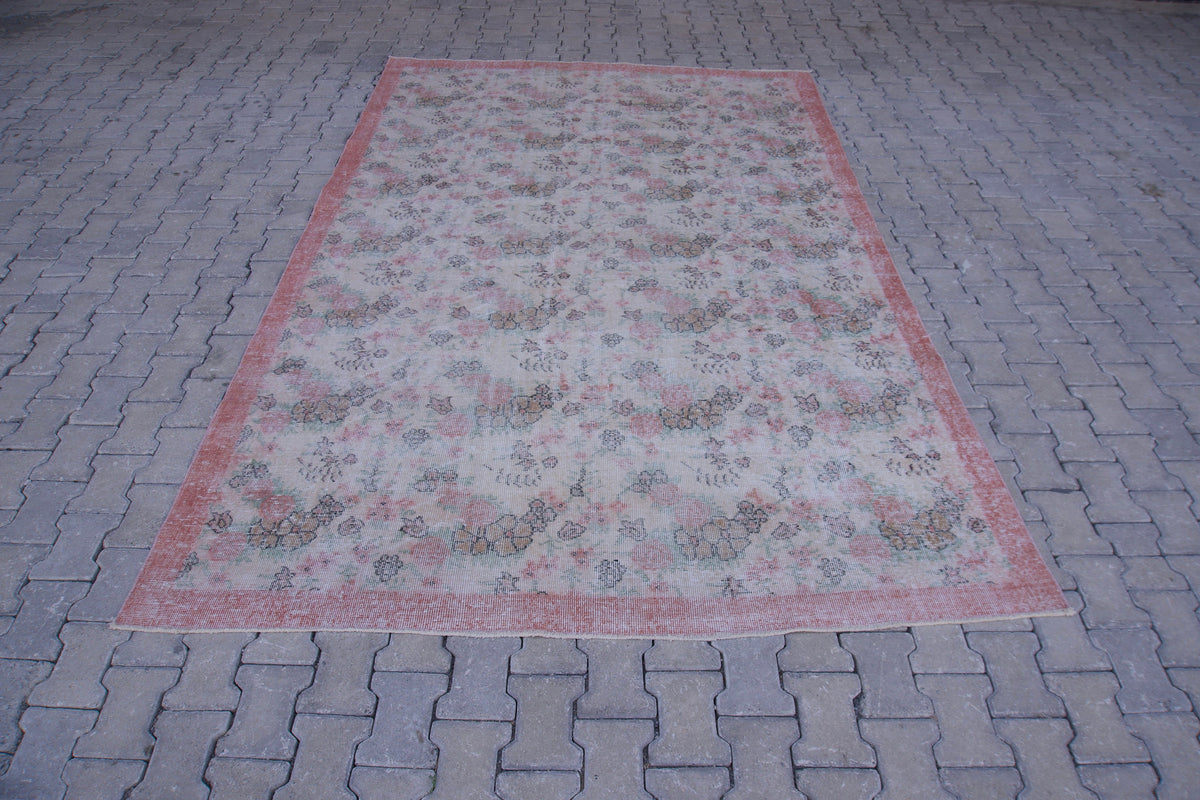 7x10 Neutral Rug, Hand Woven Beige and Faded Red Wool, Living Room Decor