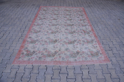 7x10 Neutral Rug, Hand Woven Beige and Faded Red Wool, Living Room Decor